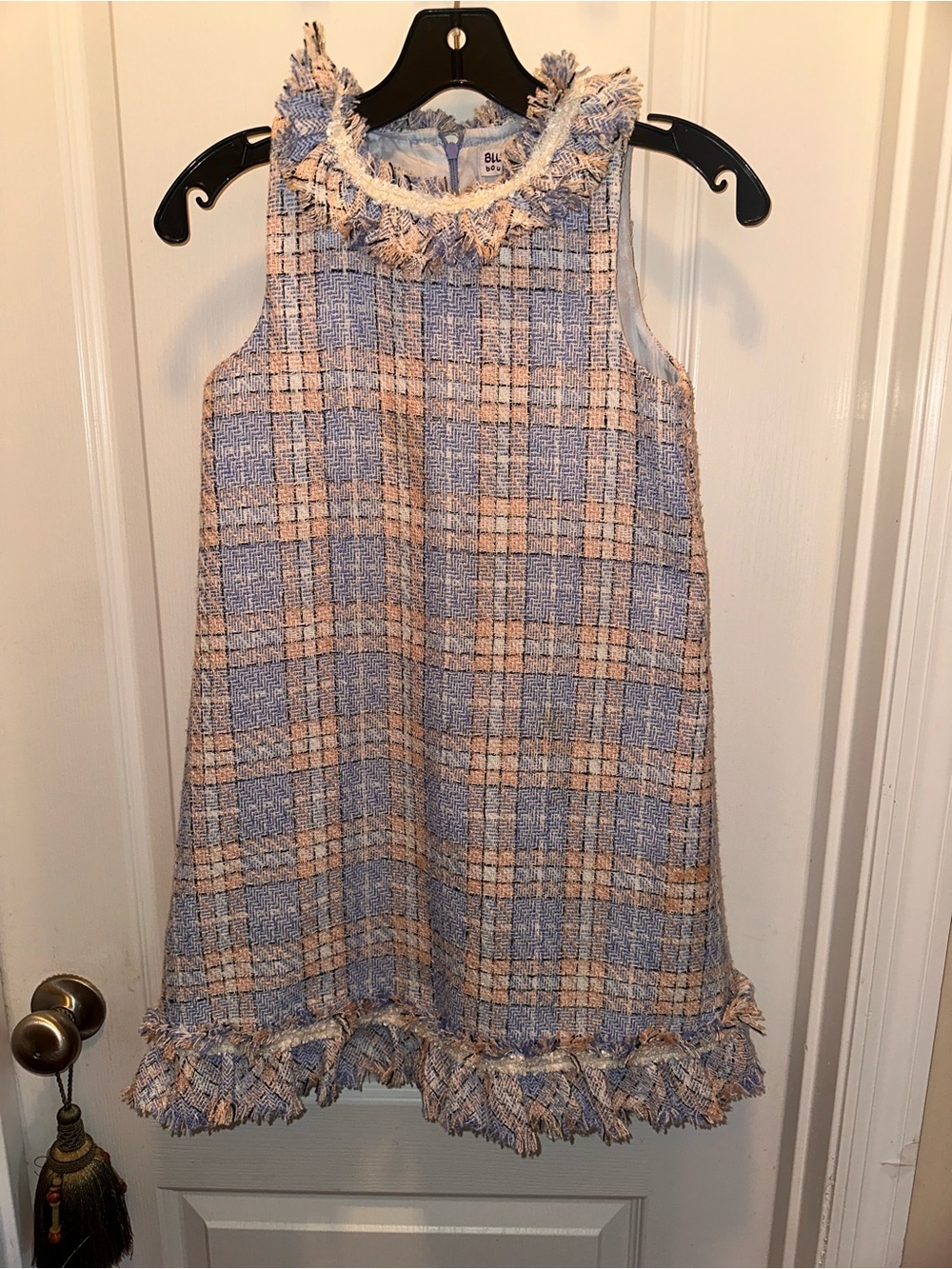 Blueberi Boulevard Blue and Cream Plaid Tweed Fringe Dress